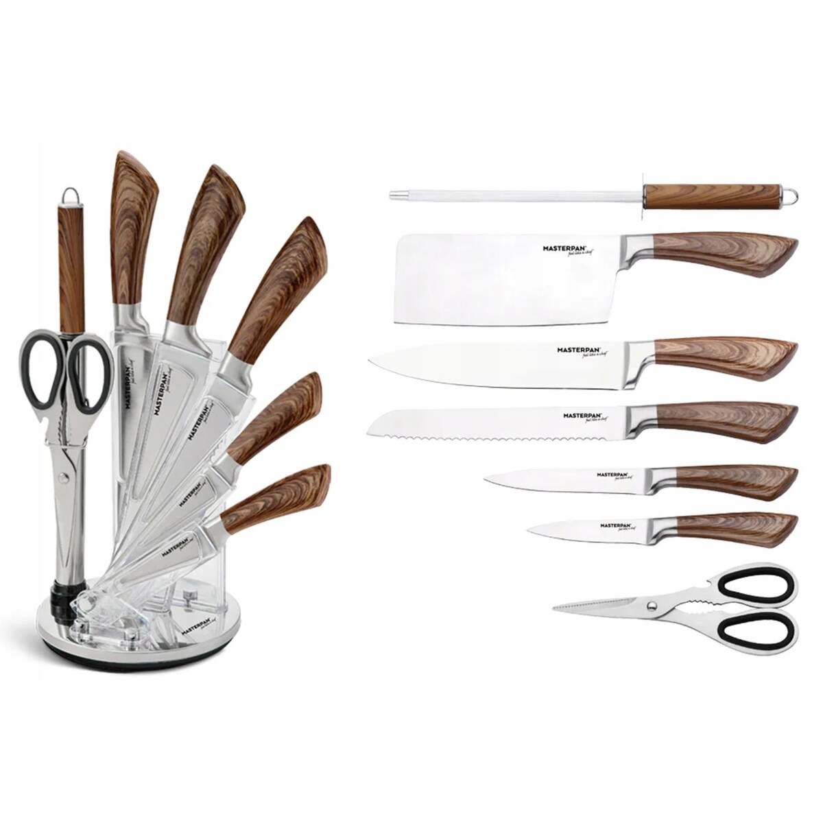 Zestaw Komplet Noży Kuchennych W Stojaku 8 Szt. Ostrzałka Nożyczki Ostre