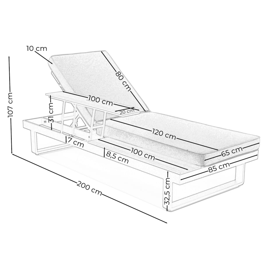 Leżak ogrodowy tarasowy z podnoszonym stolikiem aluminiowy ATOL szary