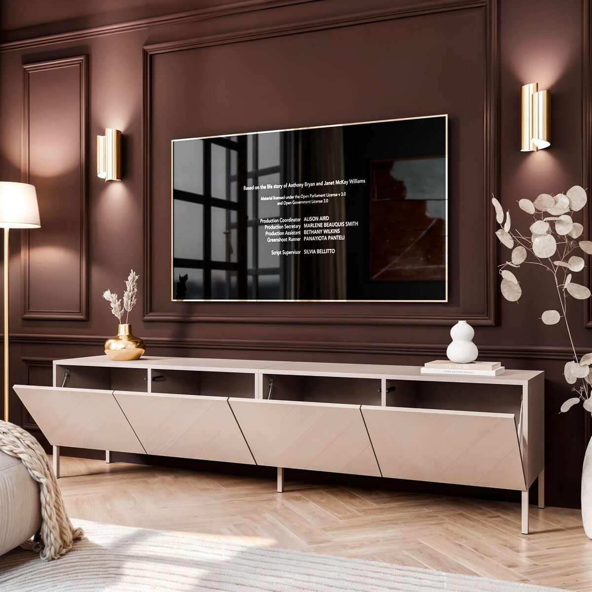 Szafka RTV COLGANTE 200 kaszmir wysoki połysk, oświetlenie LED, nóżki proste kaszmir