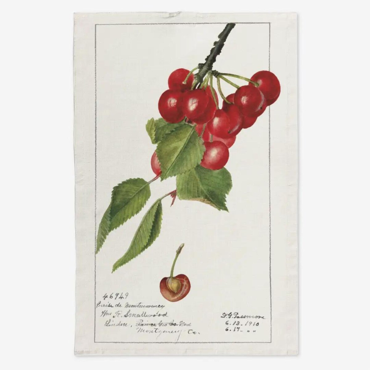 Lniany ręcznik kuchenny - wiśnie