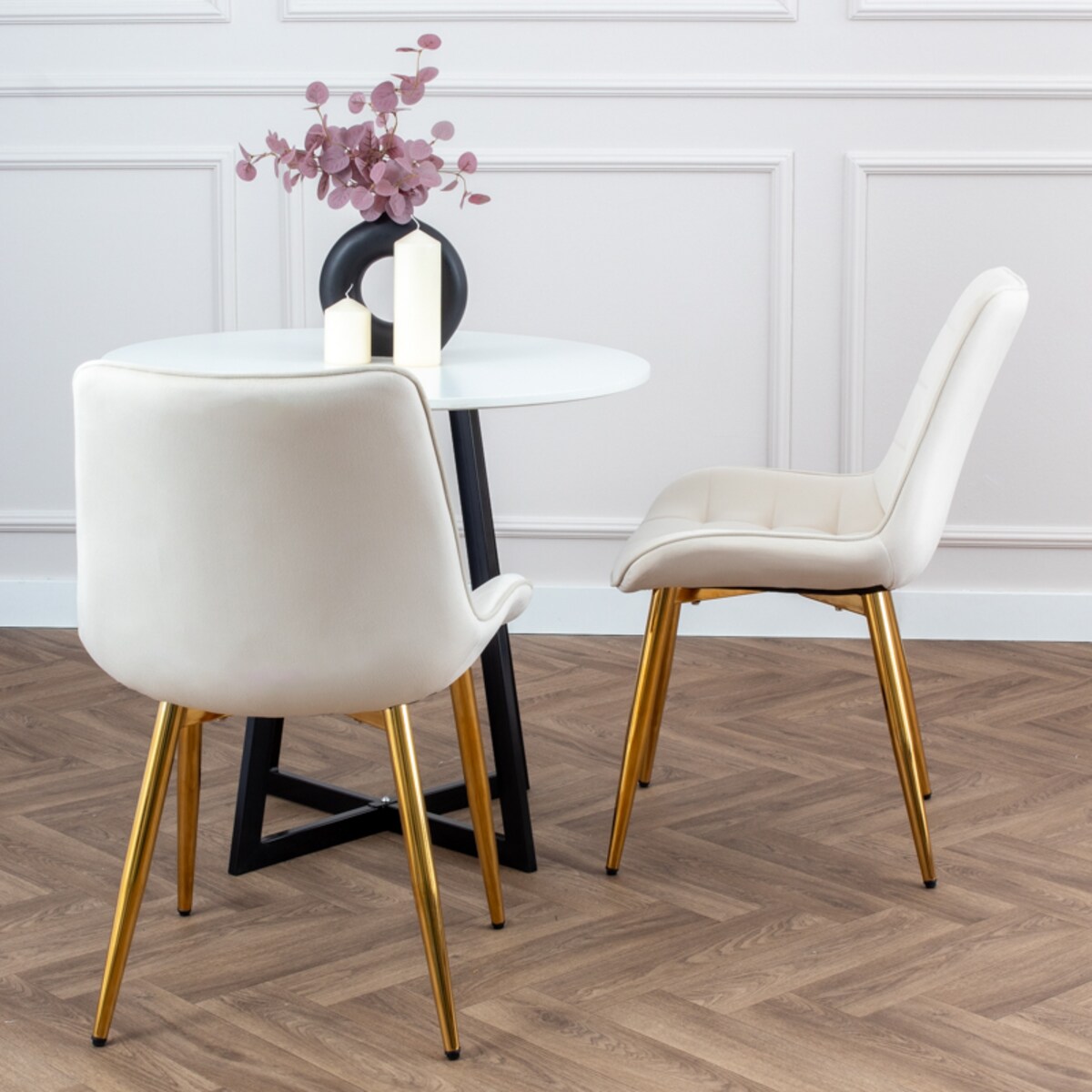 Krzesło tapicerowane welurowe beżowe pikowane glamour złote nogi