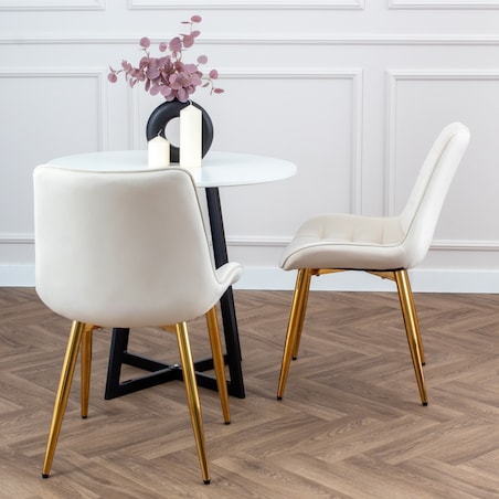 Krzesło tapicerowane welurowe beżowe pikowane glamour złote nogi