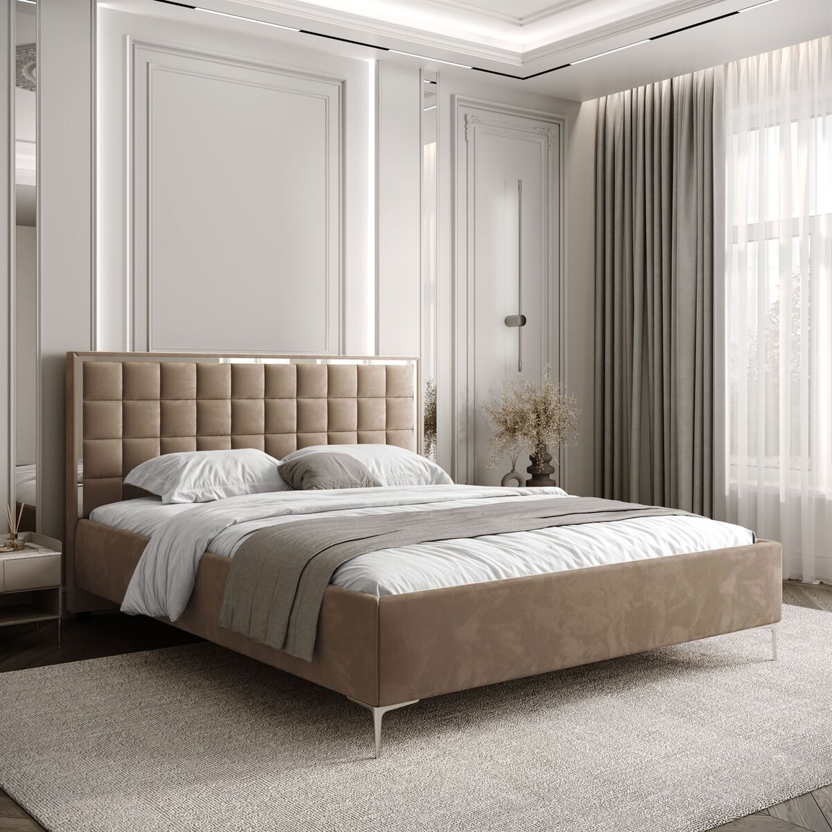 Łóżko tapicerowane ISADORA SILVER, pojemnik na pościel, stelaż 34, 160x200, RV 176