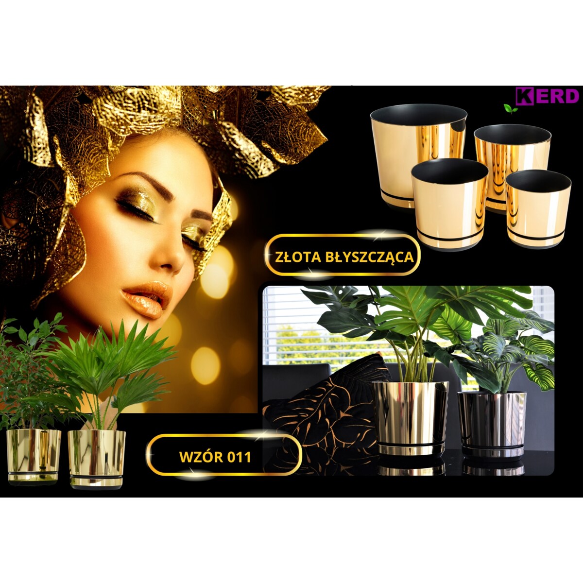 12 cm wzór ZŁOTY BŁYSZCZĄCY Doniczka z podstawką nowoczesna elegancka glamour wysoki połysk