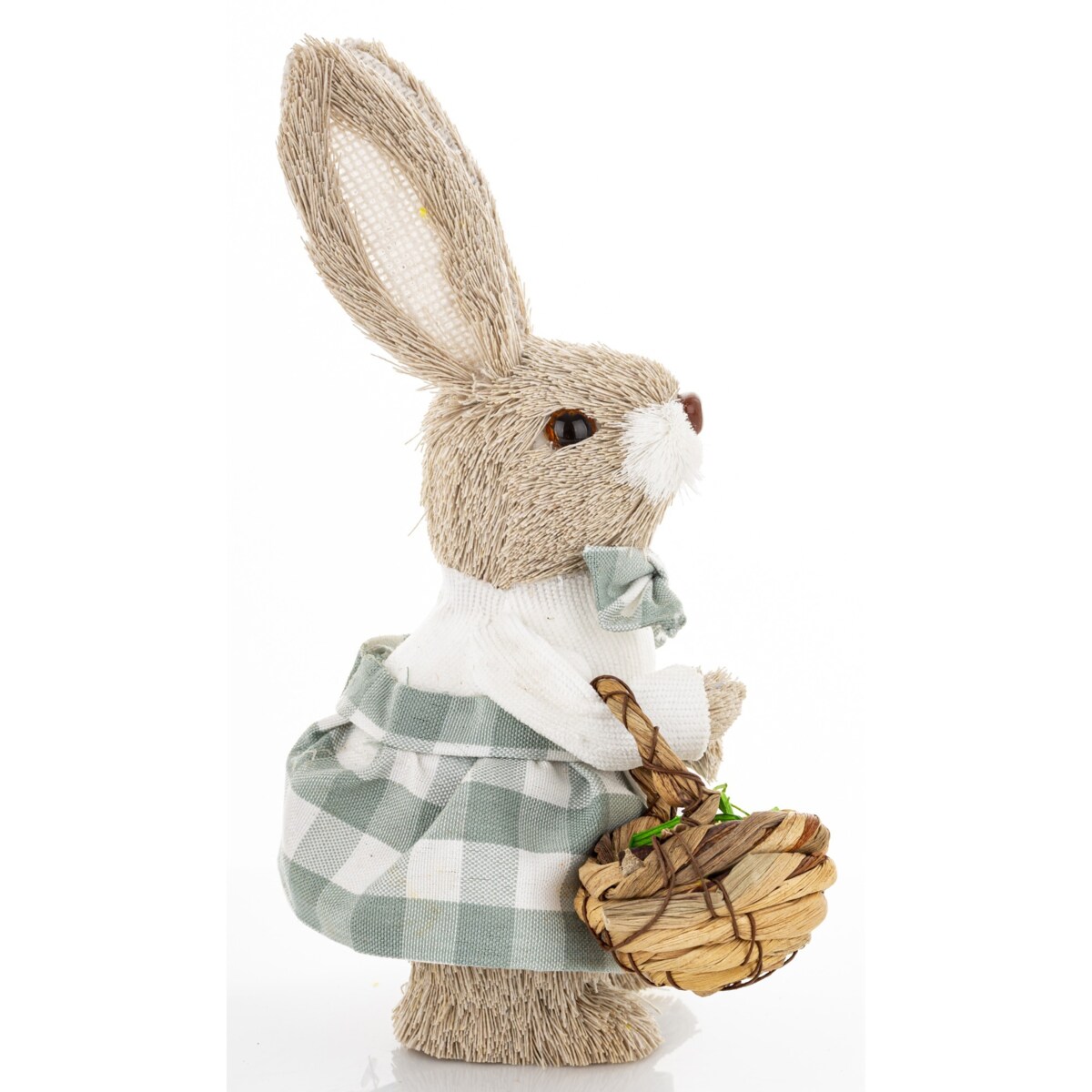 Figurka - króliczek z wielkanocnym koszyczkiem 23,5x11x13 cm w sukience w biało-niebieską kratkę