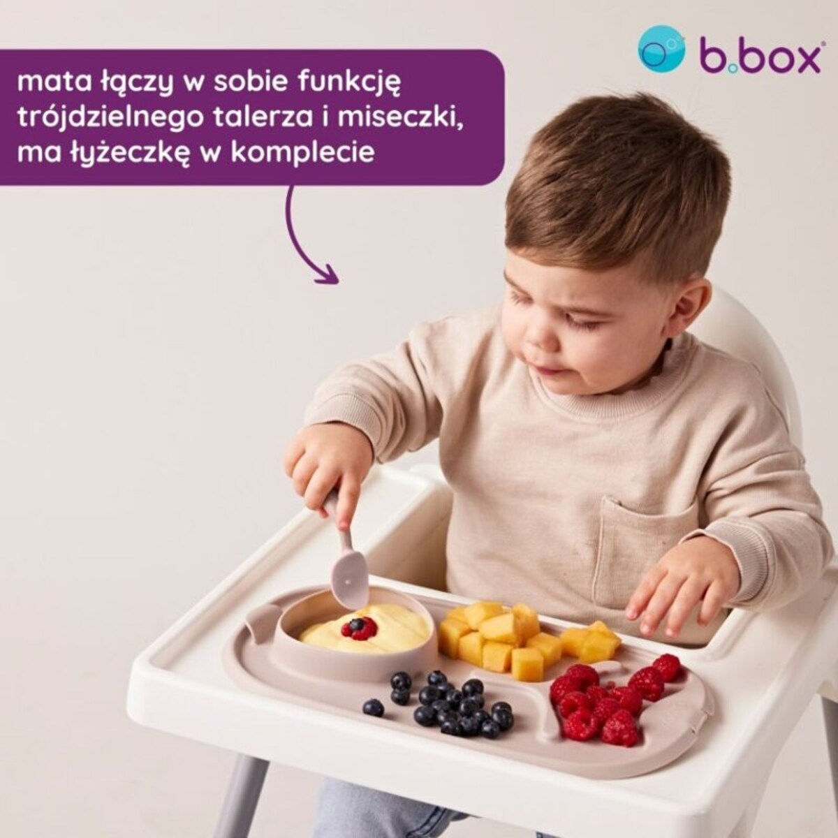 Zwijana mata BLW do nauki samodzielnego jedzenia dla dzieci różowa roll + go, b.box