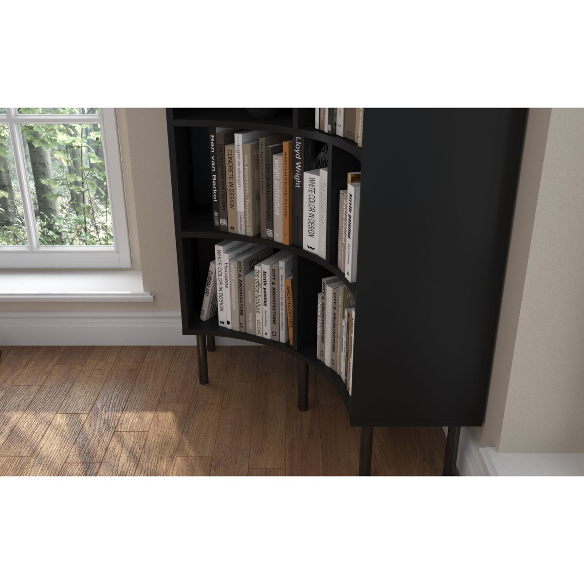 Nowoczesny narożny regał na książki Skandica HORN z czarnymi nogami / czarny / szer. 80 cm