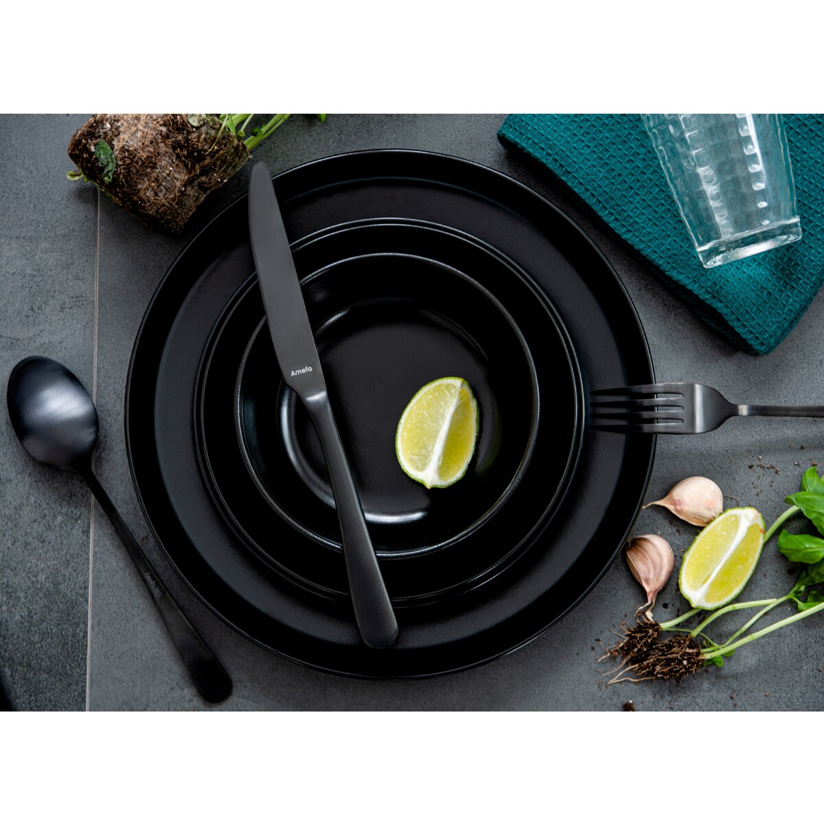 KONSIMO VICTO Elegancki zestaw obiadowy 6-osobowy w kolorze czarnym matowym (18 elementów)