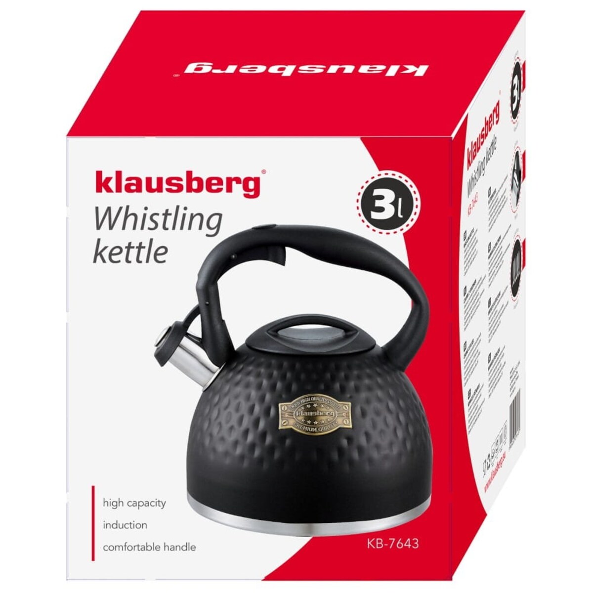 Czajnik stalowy z gwizdkiem 3.0L z grubym dnem czarny KLAUSBERG