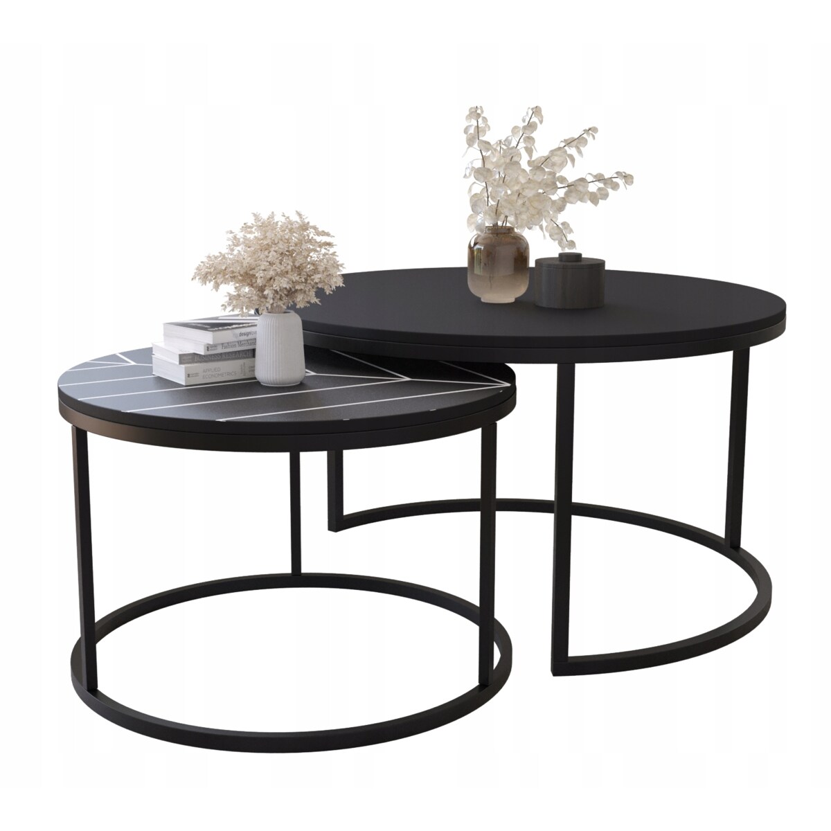 Zestaw 2 Stolików Kawowych Okrągłe LOFTOWE INDUSTRIAL Czarny PRINT 80cm