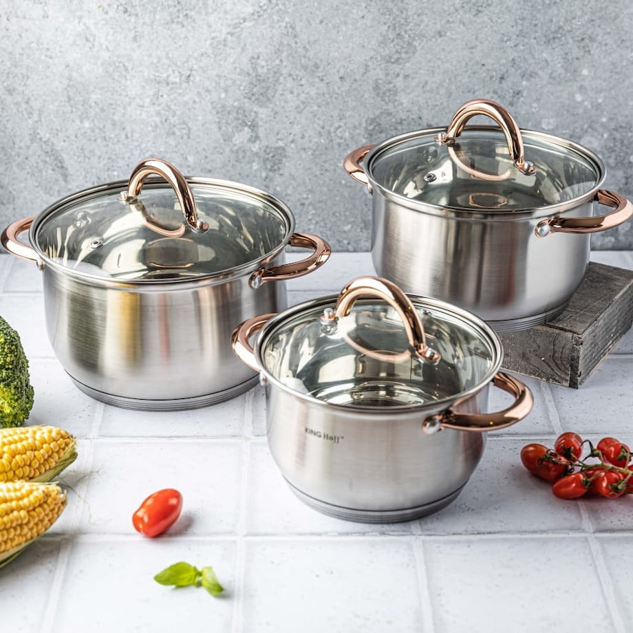 Zestaw garnków stalowych 6 elementów garnki na indukcję komplet Rosegold KINGHOFF