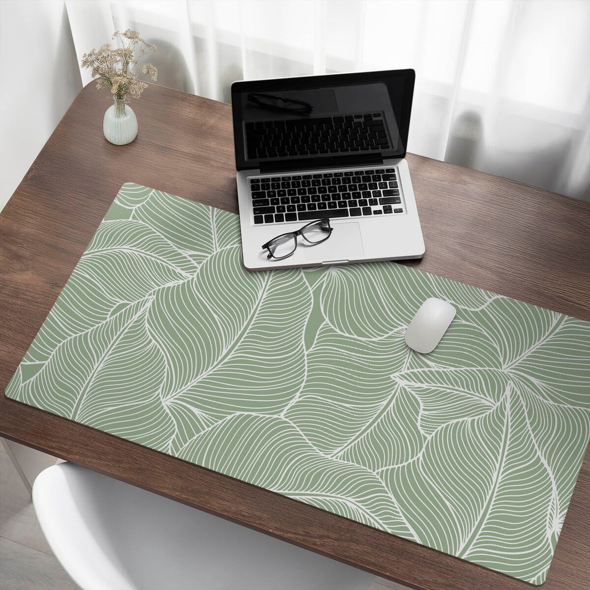 Zielona mata na biurko Liście z liniami, 120x60 cm