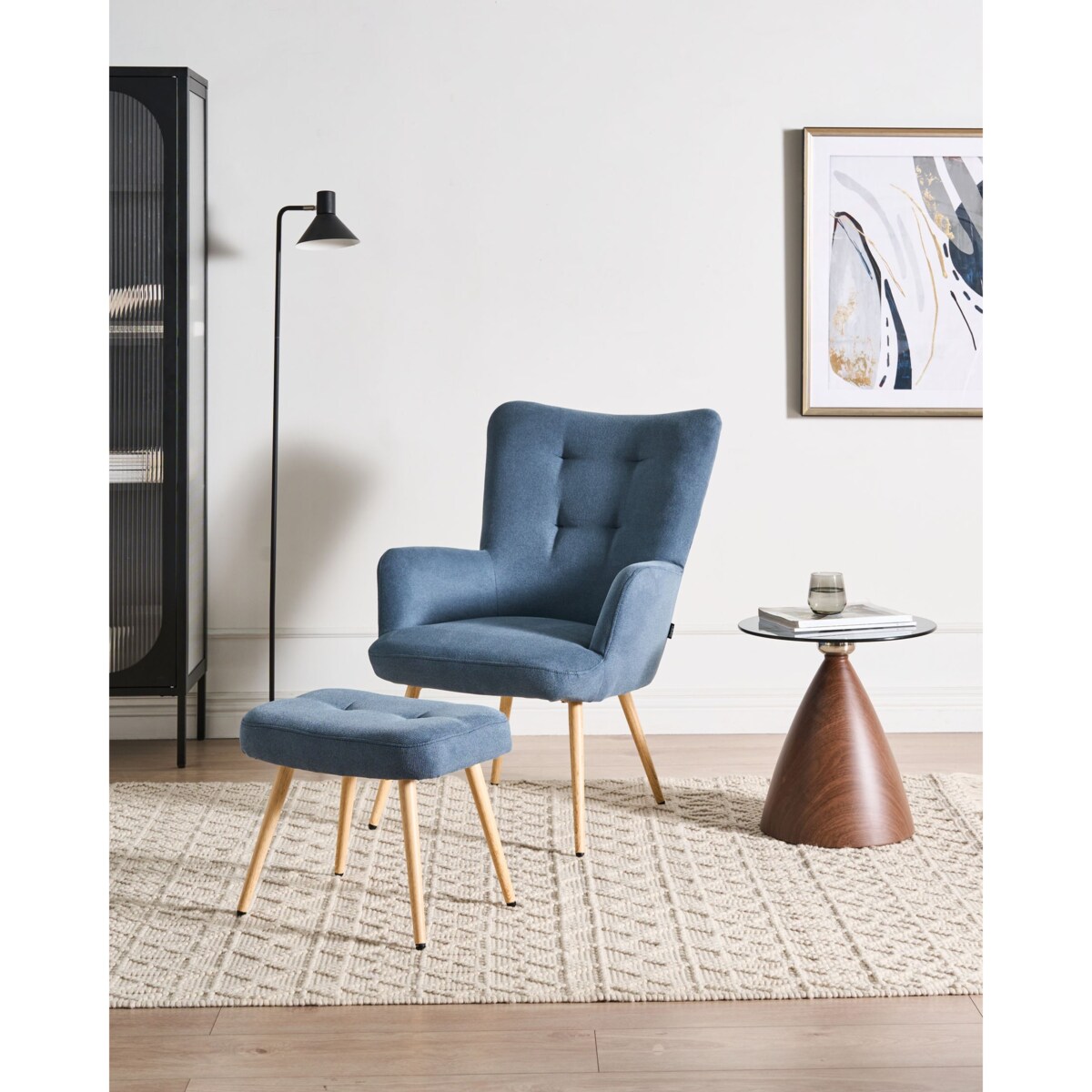 Fotel uszak VEJLE Z podnóżkiem Welur Ciemnoniebieski