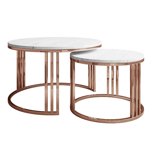 Zestaw stolików kawowych LORI 2w1 mat, miedziana podstawa, Marmur Levanto