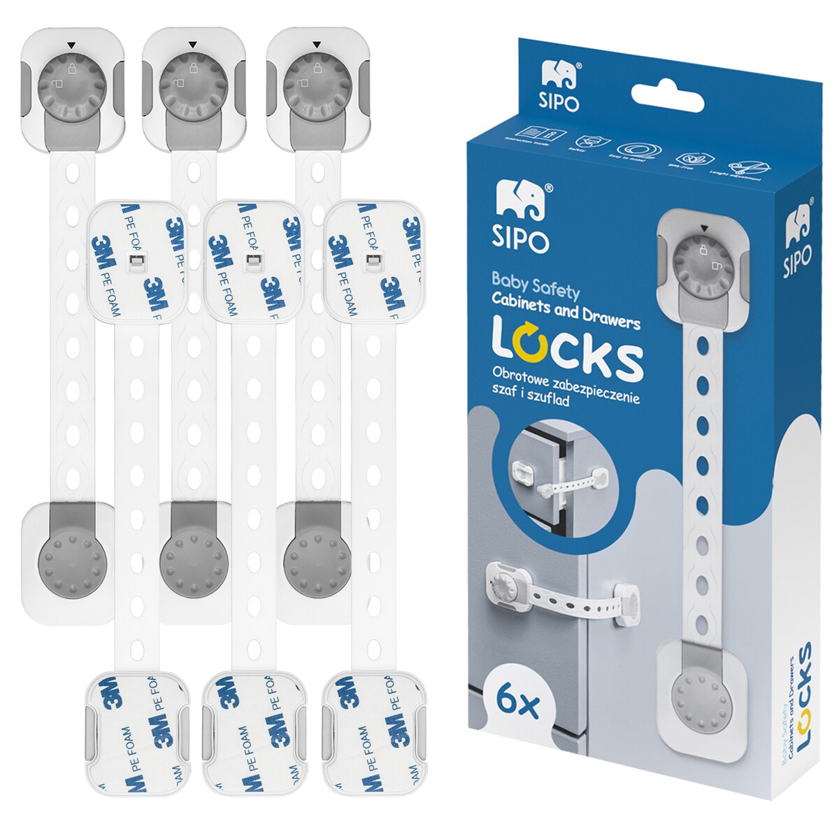 zabezpieczenia szaf i szuflad z funkcją smart lock, sipo, zestaw 6 sztuk