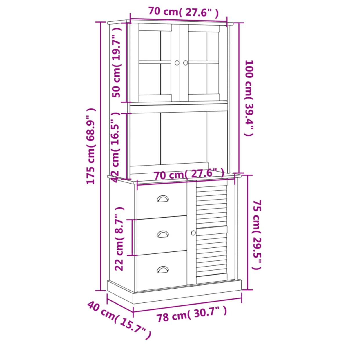 vidaXL Kredens VIGO, 78x40x175 cm, lite drewno sosnowe