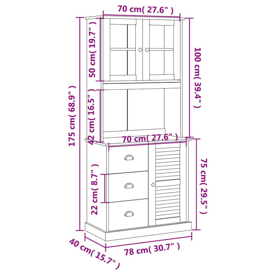 vidaXL Kredens VIGO, 78x40x175 cm, lite drewno sosnowe