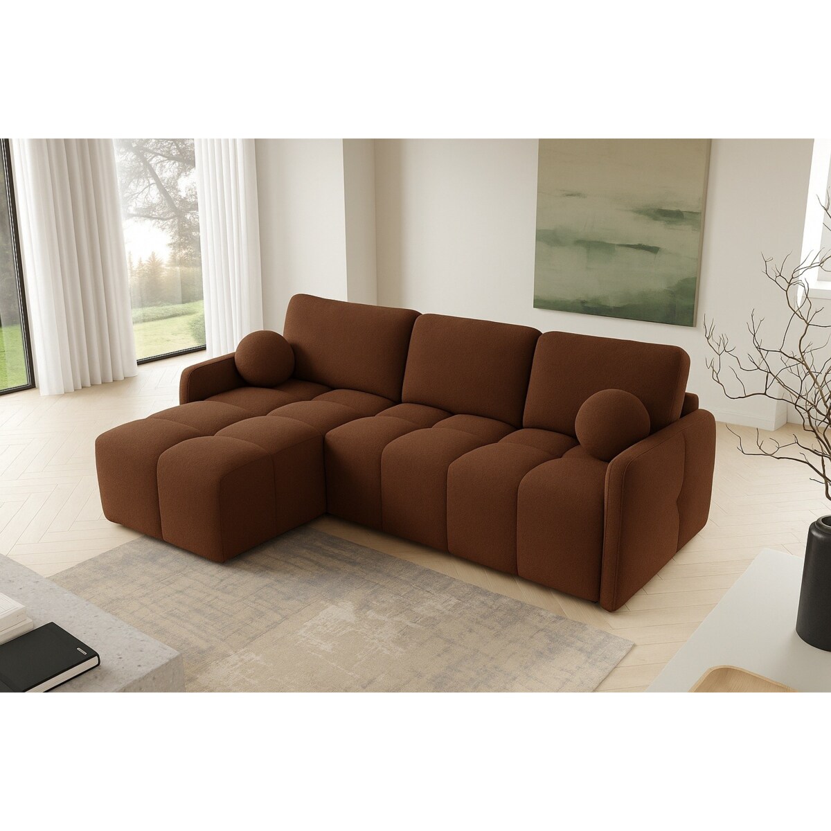 Narożnik MONO z funkcją spania i ozdobnymi poduszkami lewy, ceglasty