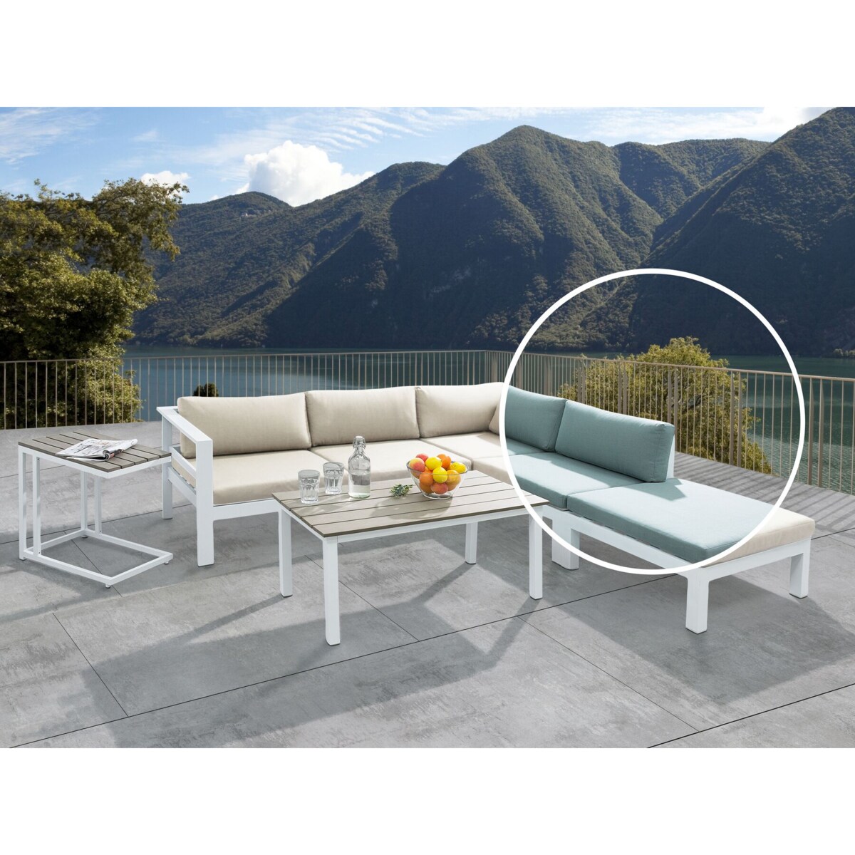 Narożnik ogrodowy ze stolikiem dla 5 osób MESSINA Lewostronny Beżowy/ zielony