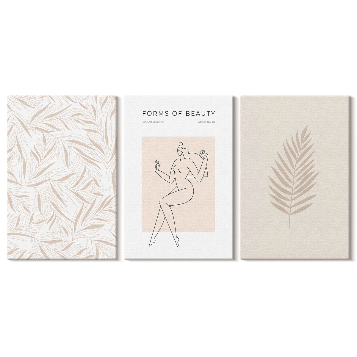 Zestaw 3 małych obrazów na płótnie - Motywy minimalistyczne botaniczne - beżowy