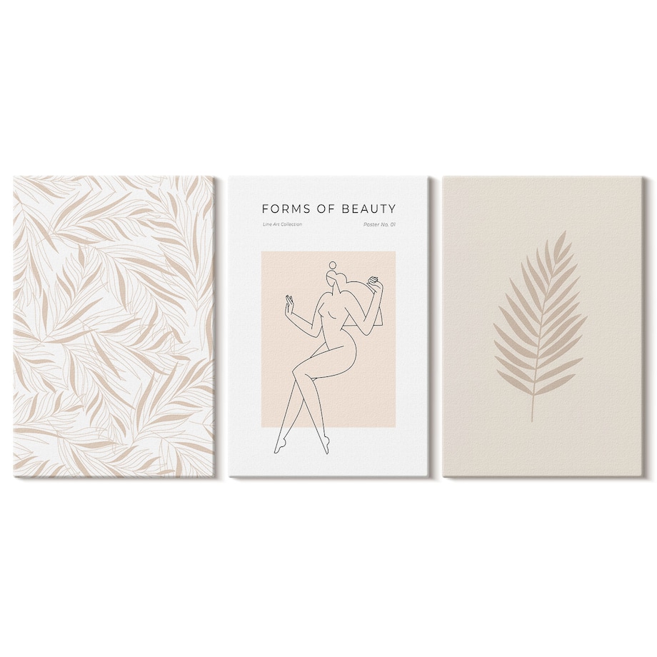 Zestaw 3 małych obrazów na płótnie - Motywy minimalistyczne botaniczne - beżowy