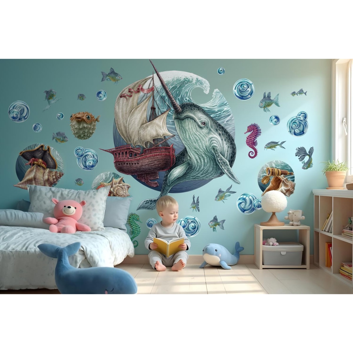 Zestaw naklejek na ścianę, Morskie zwierzęta, 100cm