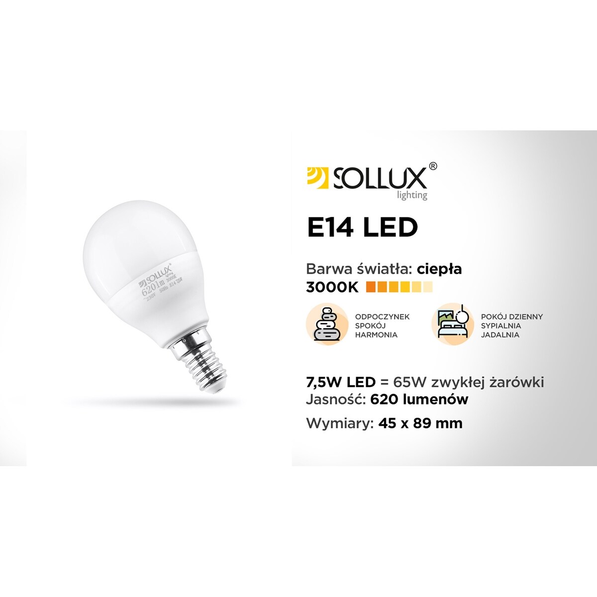 Żarówka LED E14 SL.0970 3000K biała ciepła A45 7,5W 620lm, Sollux