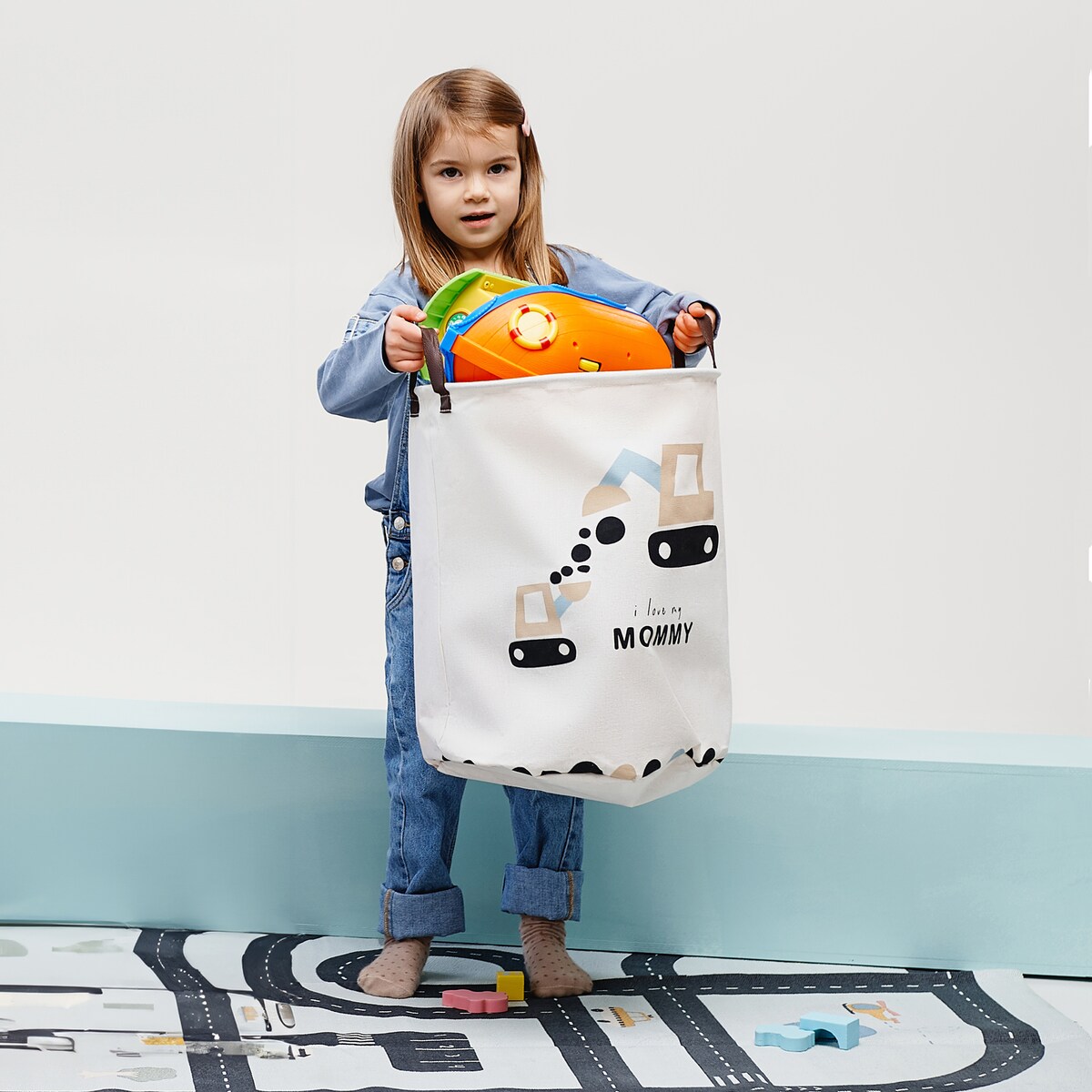 bawełniany kosz na zabawki sipo, zamykany na ściągacz, koparki, xl