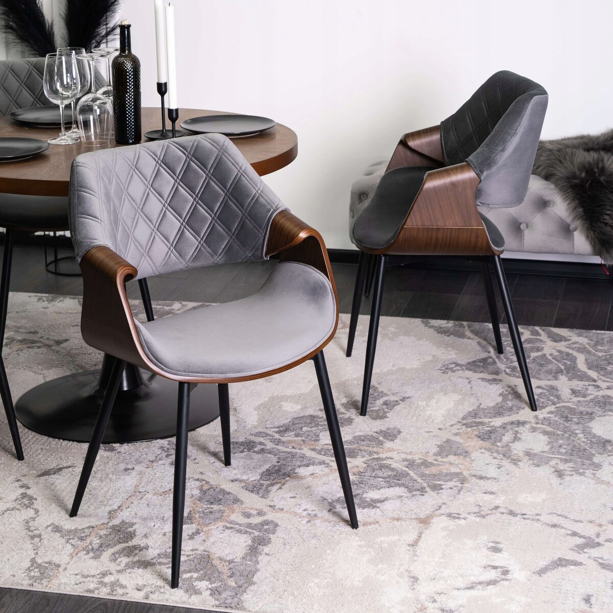 Krzesło Tapicerowane Welurowe Loft DAKOTA Drewno Gięte Szare Do Salonu