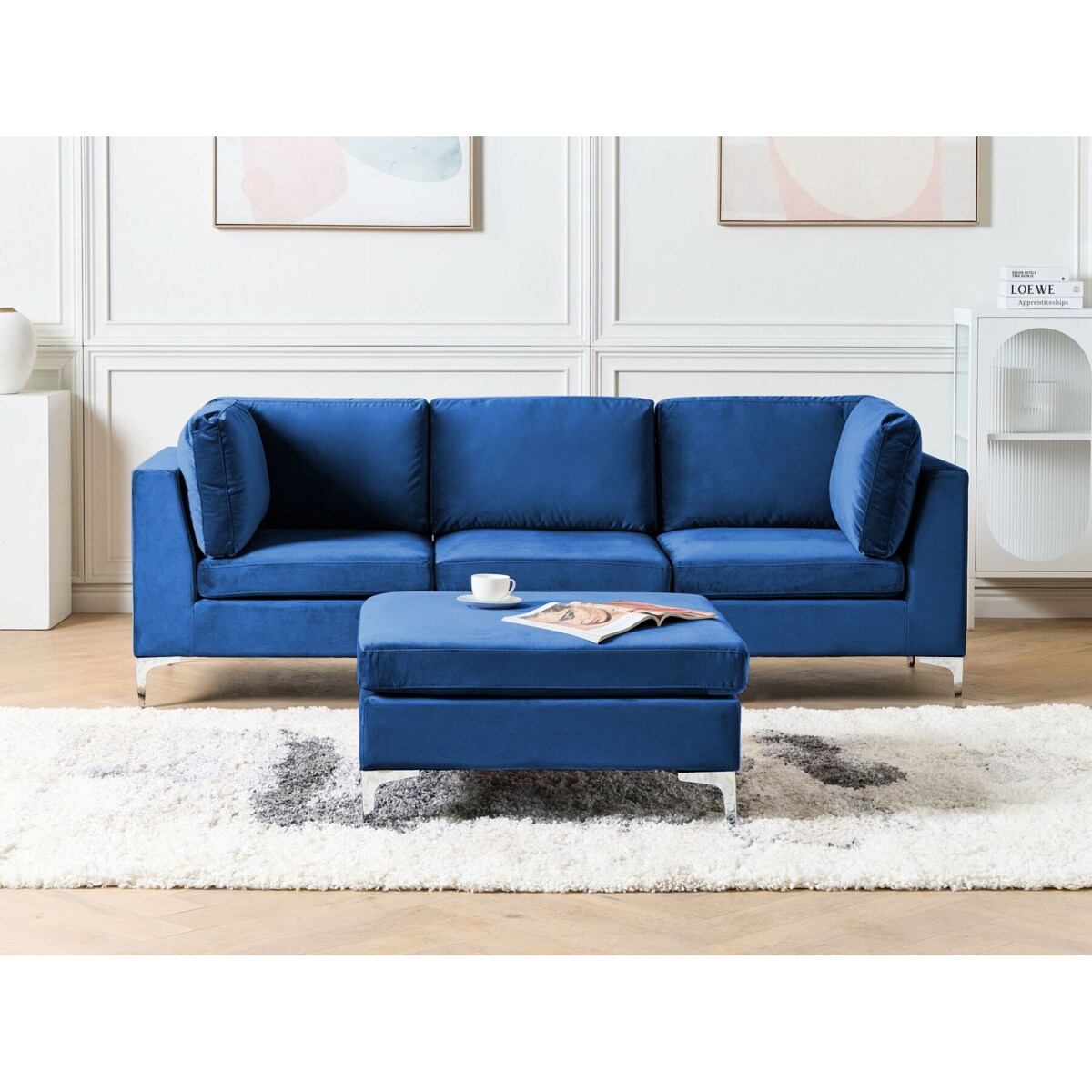 Sofa modułowa 3-osobowa z otomaną welurowa niebieska EVJA