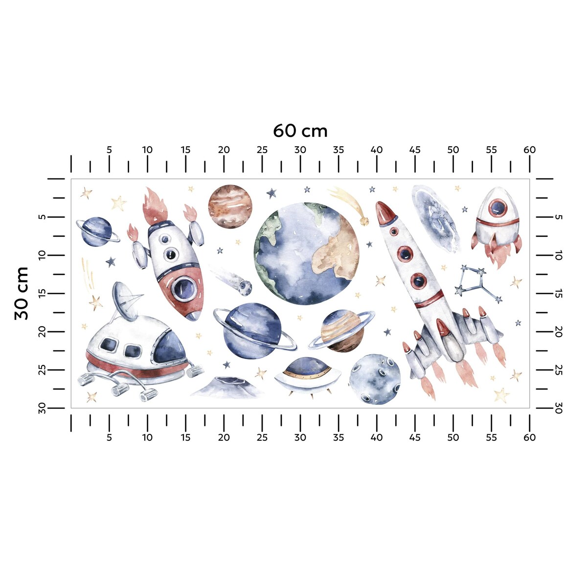 Naklejki Na Ścianę Dla Dzieci Kosmos Rakiety Planety Gwiazdy Boho ZESTAW 60x30cm