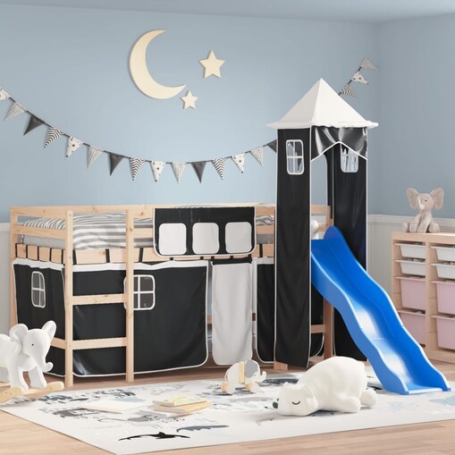vidaXL Dziecięce łóżko na antresoli, z wieżą, biało-czarne, 90x190 cm