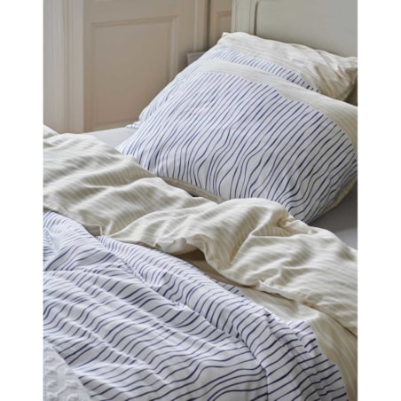 Komplet pościeli z bawełny satynowej we wzory w kolorze niebieskim i beżowym, poszewka ozdobna, pościel w paski, pościel Esprit, 140 x 220 cm