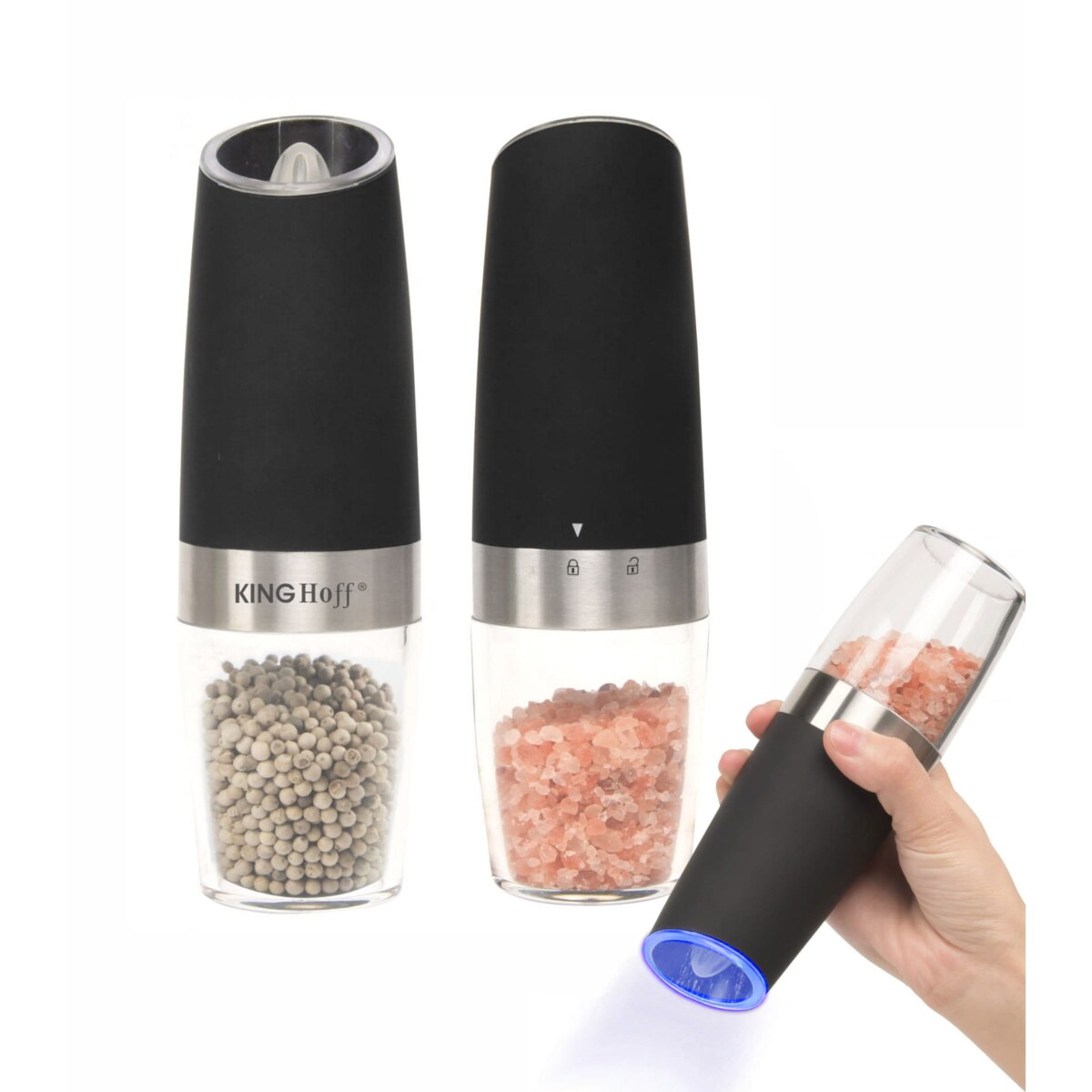 Zestaw 2 elektrycznych młynków grawitacyjnych do soli i pieprzu KINGHOFF