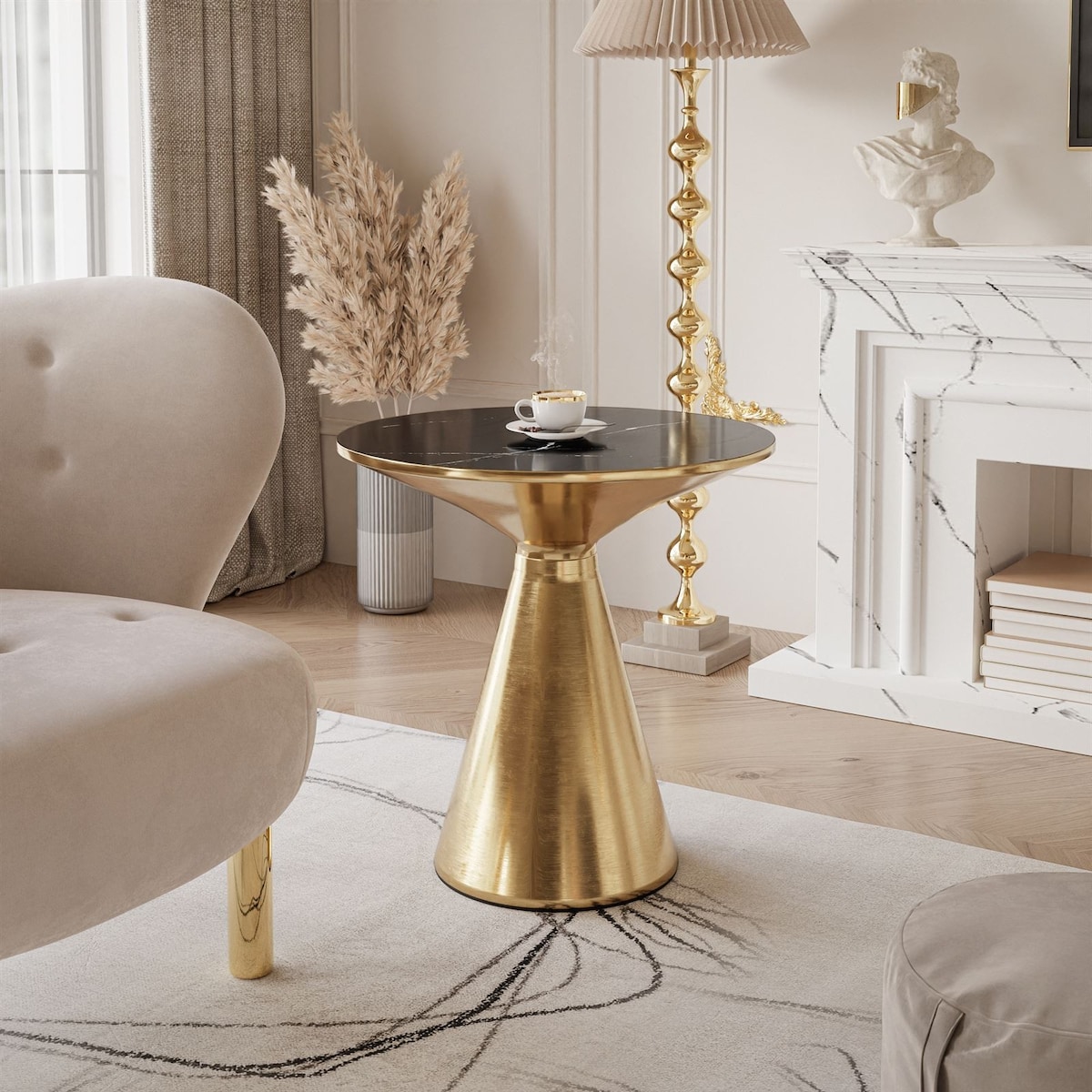 Okrągła ława CALEYA złoty czarny połyskujący marmur