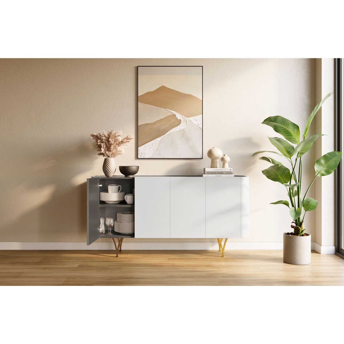 Nowoczesna szara komoda Dancan MONZA ze złotymi nóżkami / szer. 160 cm