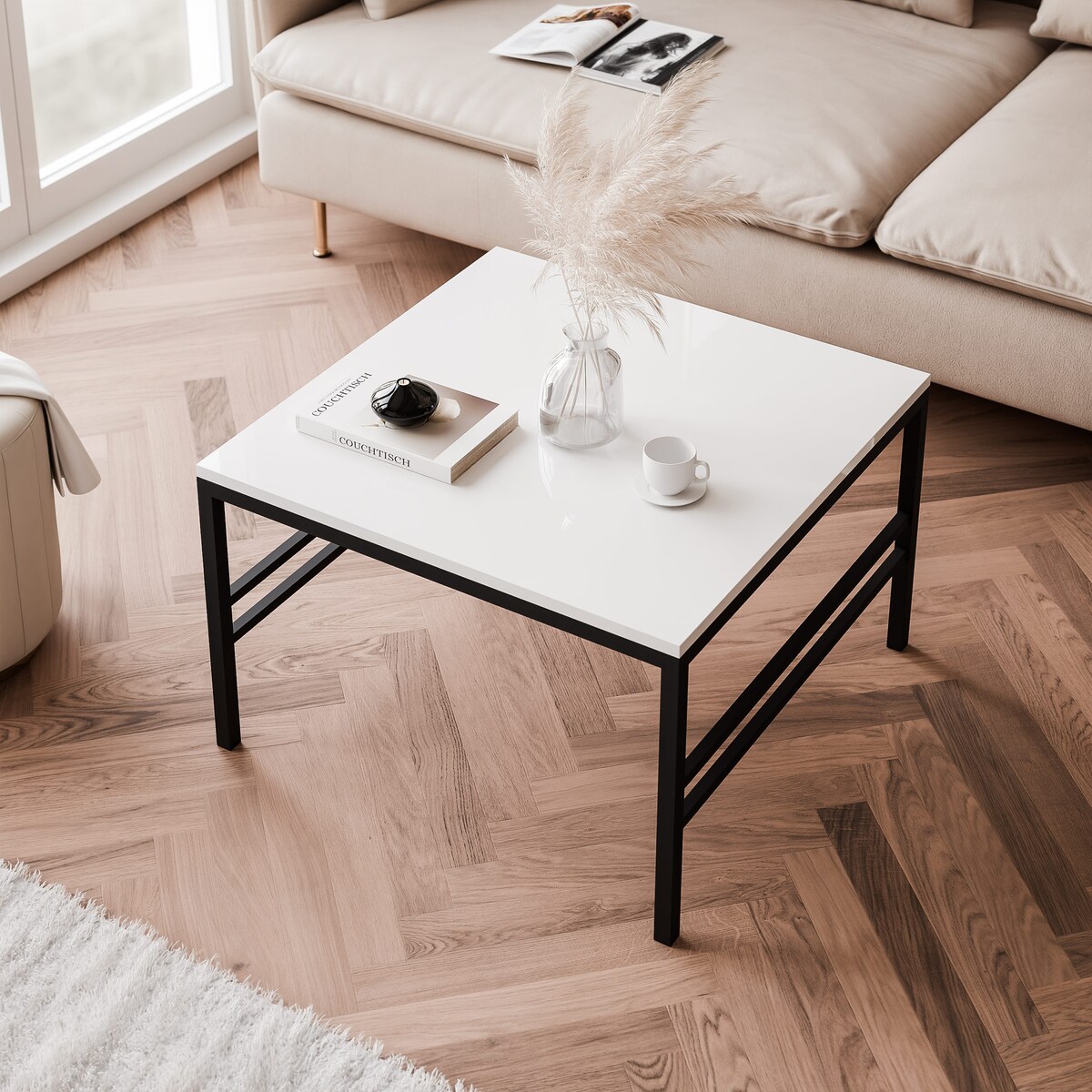 Stolik kawowy blat BIAŁY POŁYSK, CZARNY stelaż 60cm FORMA