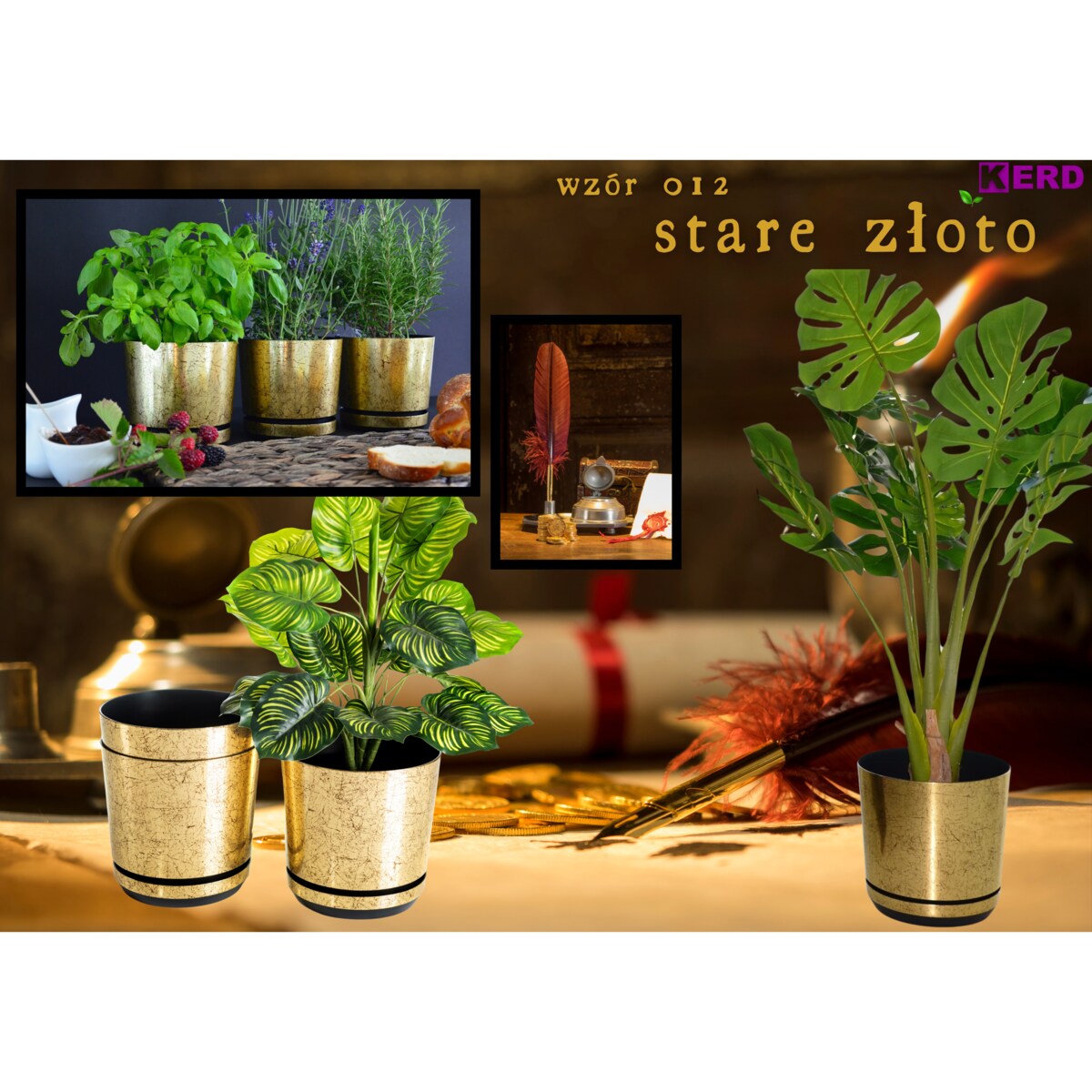 18 cm wzór STARE ZŁOTO Doniczka z podstawką klasyczna elegancka rustykalna postarzane złoto