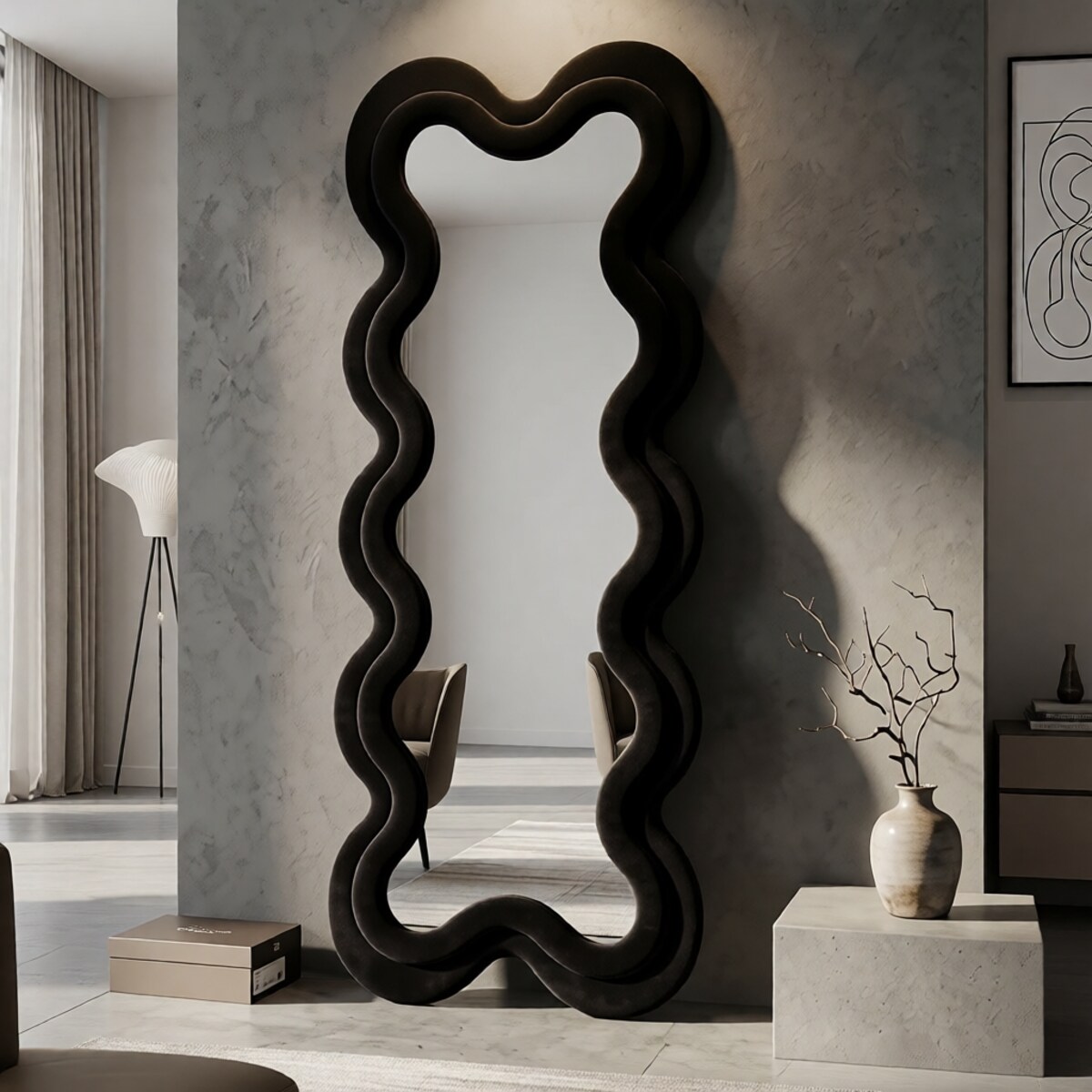Lustro ścienne Monica, kolor czarny, płyta MDF i poliester, 58 x 4 x 160 cm, do salonu i przedpokoju, Mauro Ferretti