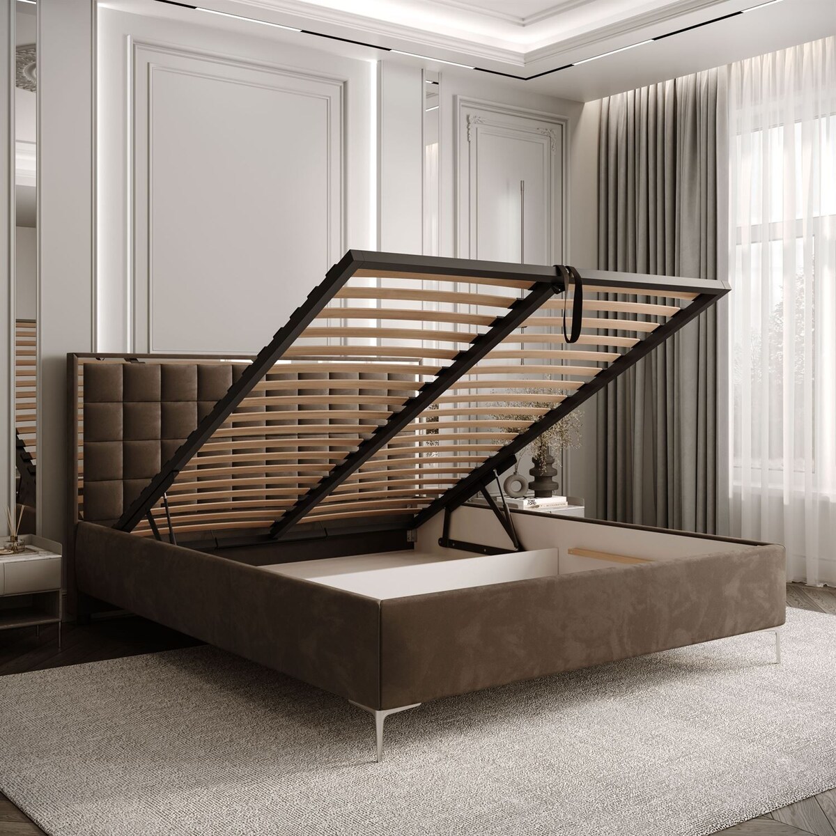 Łóżko tapicerowane ISADORA SILVER, pojemnik na pościel, stelaż 34, 160x200, RV 196