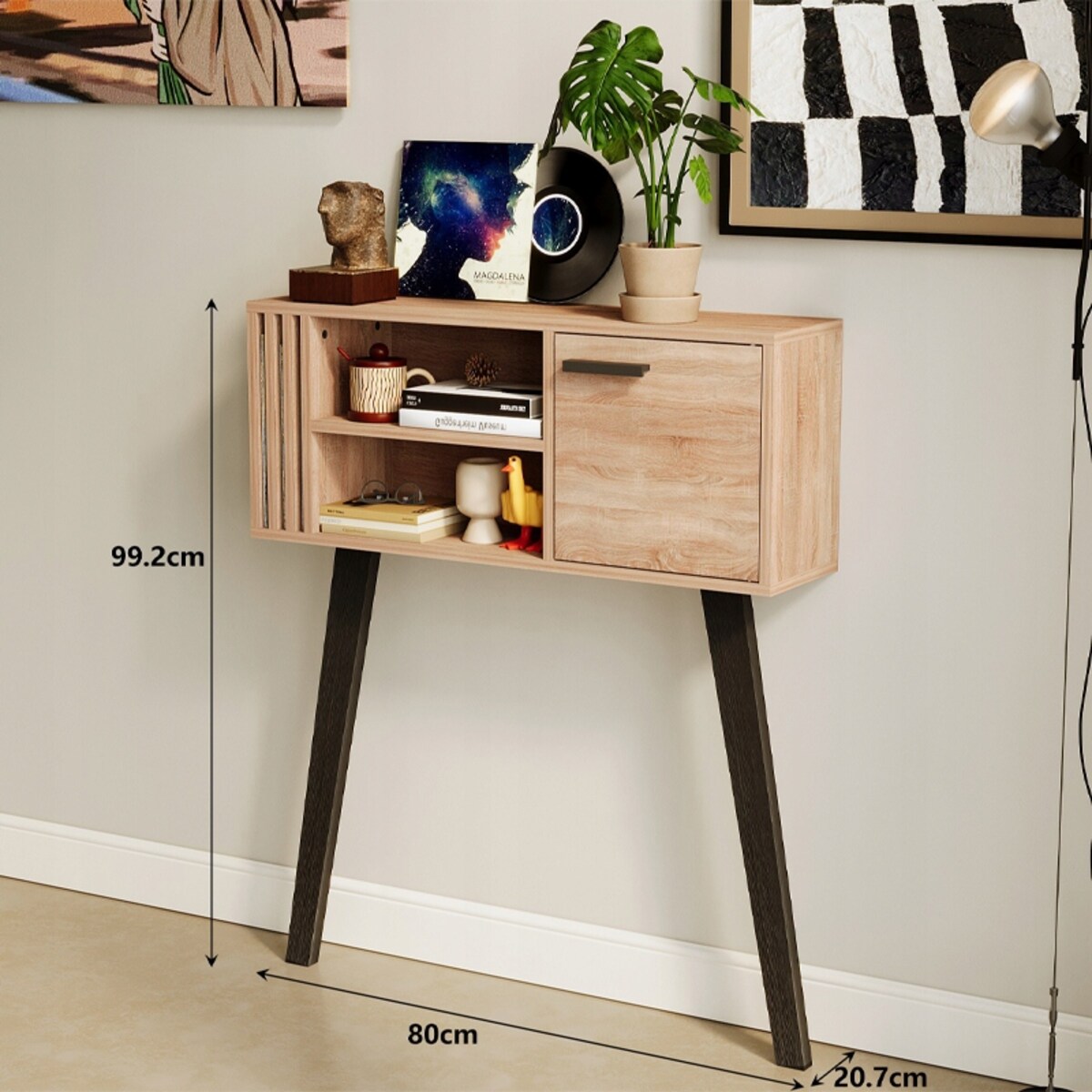 Konsola z lamelami do przedpokoju loft nowoczesna jasny dąb zamykana 80 cm