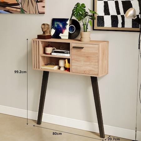 Konsola z lamelami do przedpokoju loft nowoczesna jasny dąb zamykana 80 cm