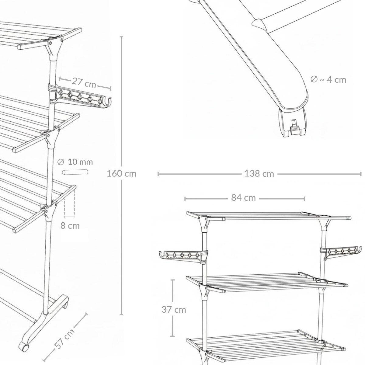 Pionowa suszarka na pranie z miejscem na wieszaki, 160 cm, ALTO