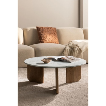 Stolik kawowy z drewna mango i białego marmuru Lavinia Ø90 cm