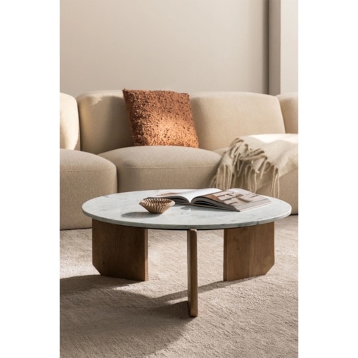 Stolik kawowy z drewna mango i białego marmuru Lavinia Ø90 cm