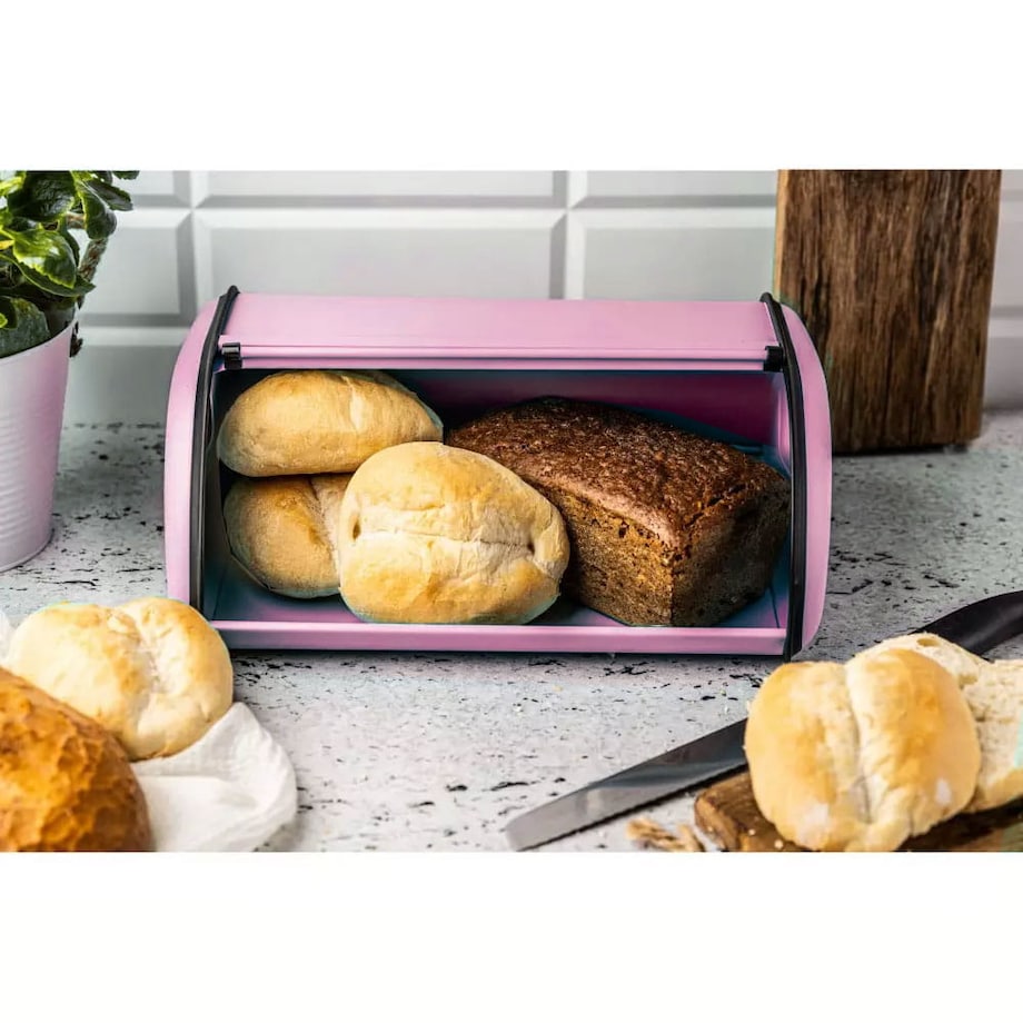 Chlebak stalowy mały 36cm różowy matowy pojemnik na chleb pieczywo bułki KINGHOFF