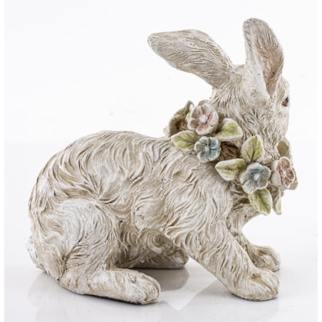 Dekoracja - biały królik 13x13x8 cm PELUCHE leżący z wiankiem kwiatów
