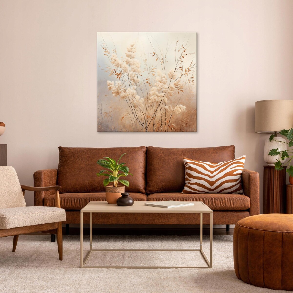 OBRAZ BOHO ROŚLINY BEŻOWY NOWOCZESNY NA PŁÓTNIE ŚCIANĘ SYPIALNIA 80x80