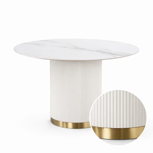 Okrągły stół glamour ryflowany Luna Ecru z marmurem 120x120x75