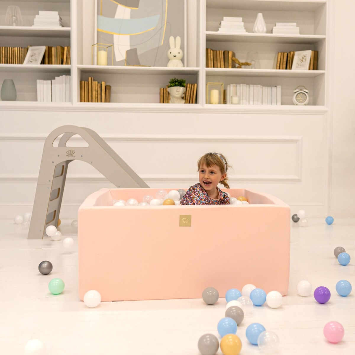 Kwadratowy Suchy Basen dla Dziecka 90x90x40cm/200 Piłek 7cm, Cotton, Ciemnoszary: Białe/Niebieskie/Turkusowe/Błękitne